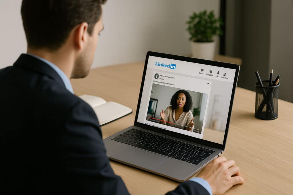 i consigli di linkedin per creare fiducia nel marketing b2b con i video - una persona guarda uno short video su linkedin