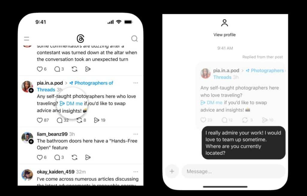 Link diretto ai DM nei post Threads