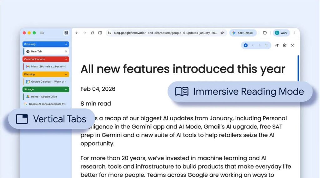 Schede verticali e lettura a schermo intero su Chrome